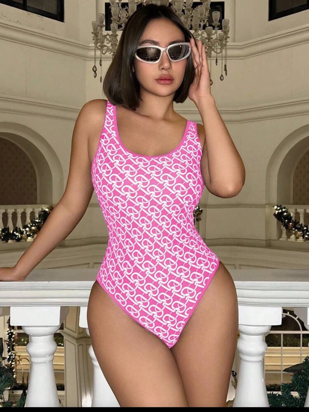 Sleek Pink Patterned Scoop One-Piece Swimsuit